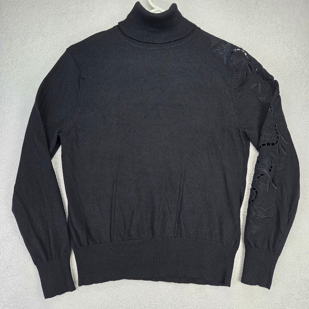 Mercer & Madison Women Sweater L Black Merino Wool Turtle Neck Embroidered